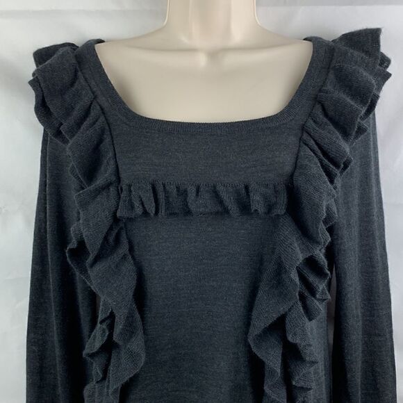 Anthropology Moth Gray ruffled square neck wool blend long sleeve sweater - Picture 2 of 12